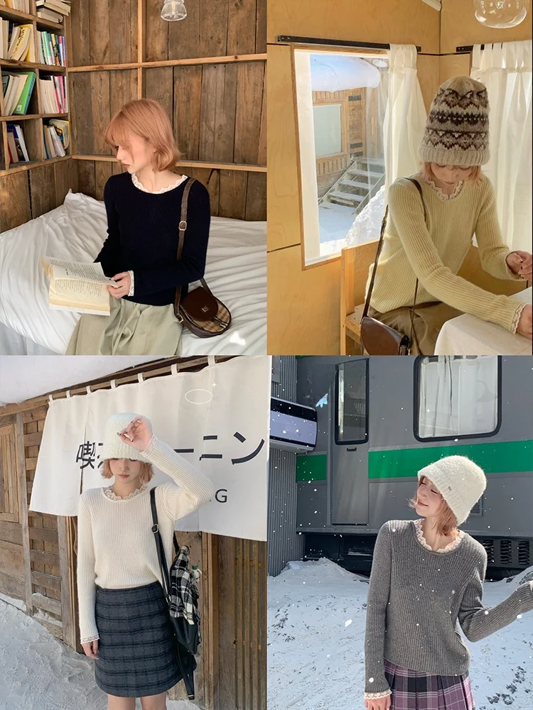 

Retro Lace Knitted Sweater Women's Slim Fit Base Layer Top Jc Vintage op Camellia Wind Bell Sve Long Wool Blend Knitwear