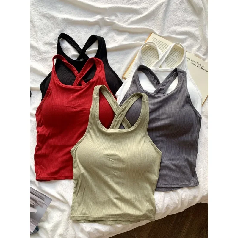 Casual Tank Tops for Women Cross Strappy Crop Backless Top Woman Solid Color Vintage Camis with Built in Bras Korean Fashion