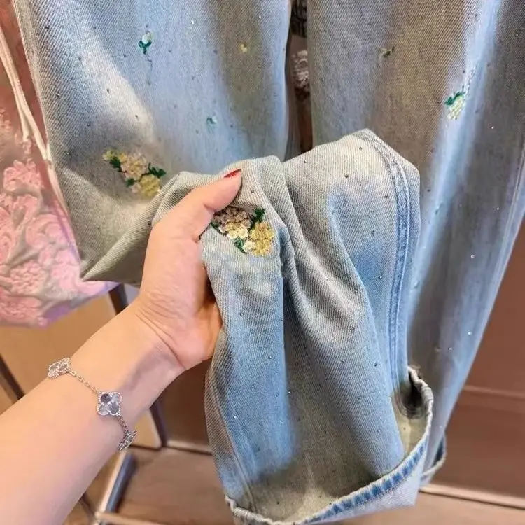 Embroidery Sequins Jeans Women Harajuku NEW Blue  Baggy Casual Pants Vintage Aesthetic Pants  Wide Denim Trousers