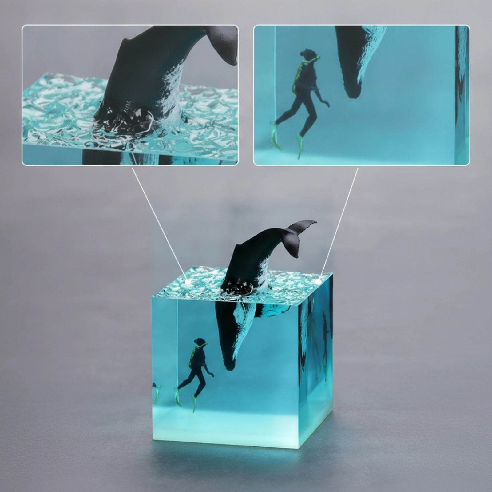 Resin Cube with Diver Glowing Resin Ornament with Cetacean Cetacean Ornament Tabletop Underwater Decoration Compact for Divers view 4