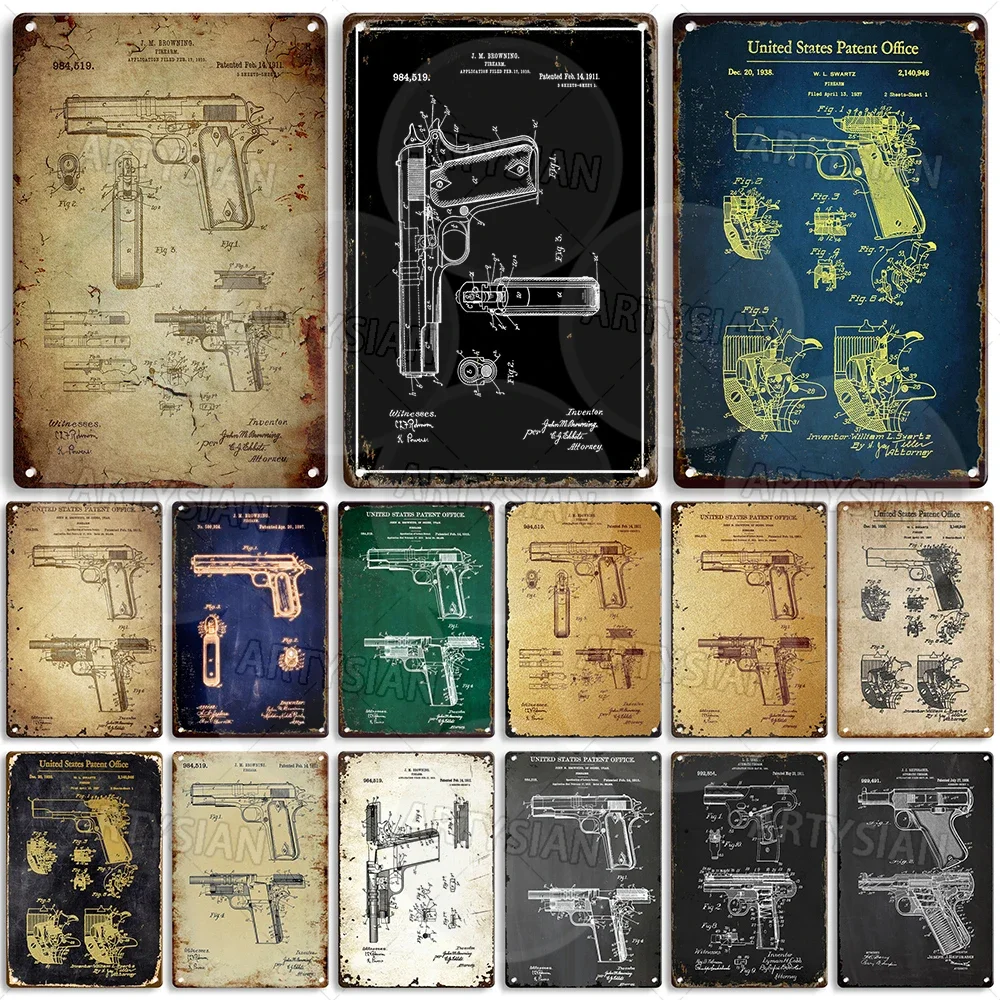 Weapon Gun Patent Plaque Firearm Blueprint Metal Sign Browning Ehbets Revolve Cobb Reifgraber Swartz Pistol Swartz