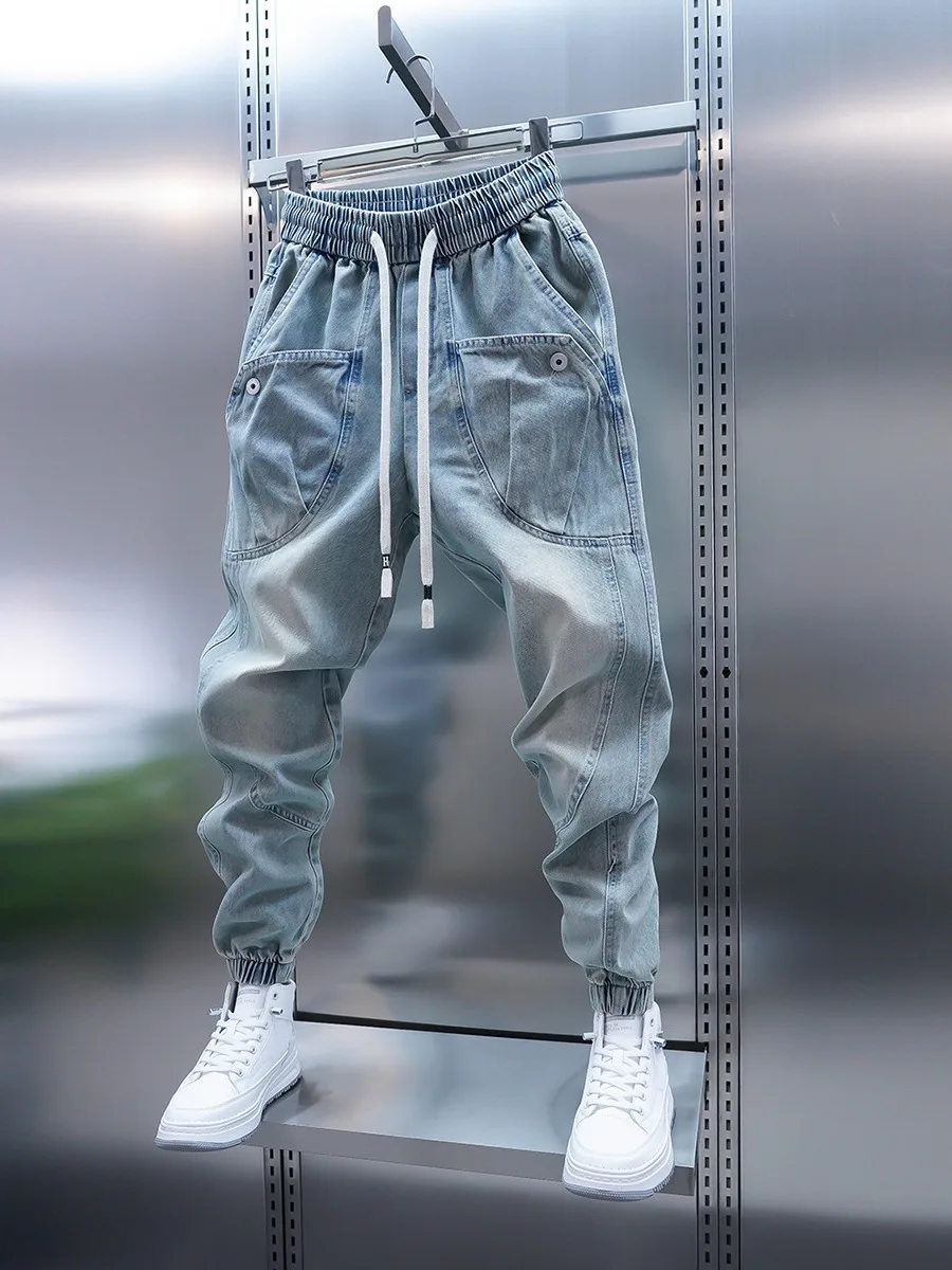 

Washed Denim Jeans Men's Casual Harem Pants Big Pocket Light Blue Fashionable Cuffed Leisure Trousers Breathable Comfortable Fit