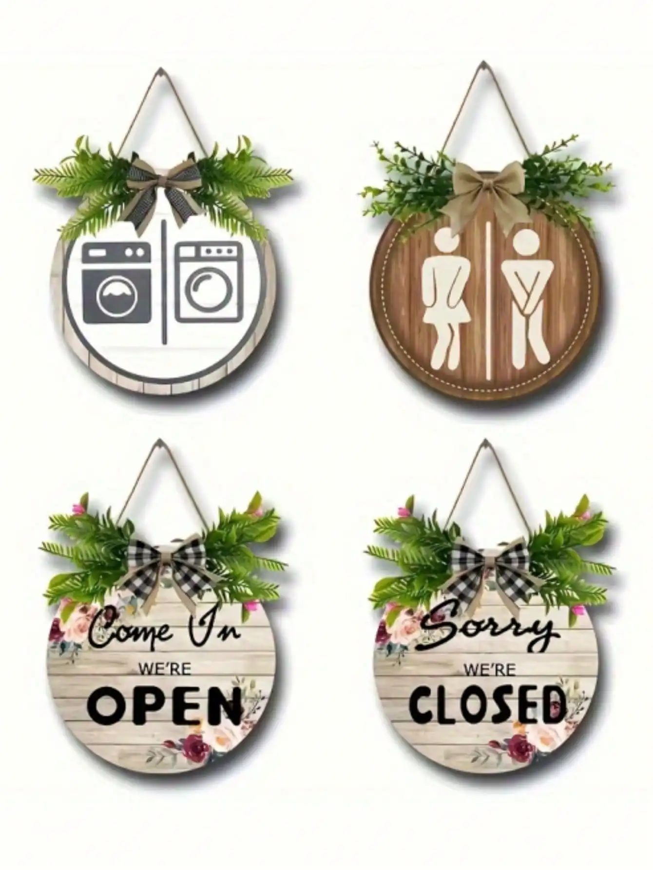 Bathroom sign front door garland hanging wooden plaque decoration round antique wood cottage porch toilet decoration 1 piece