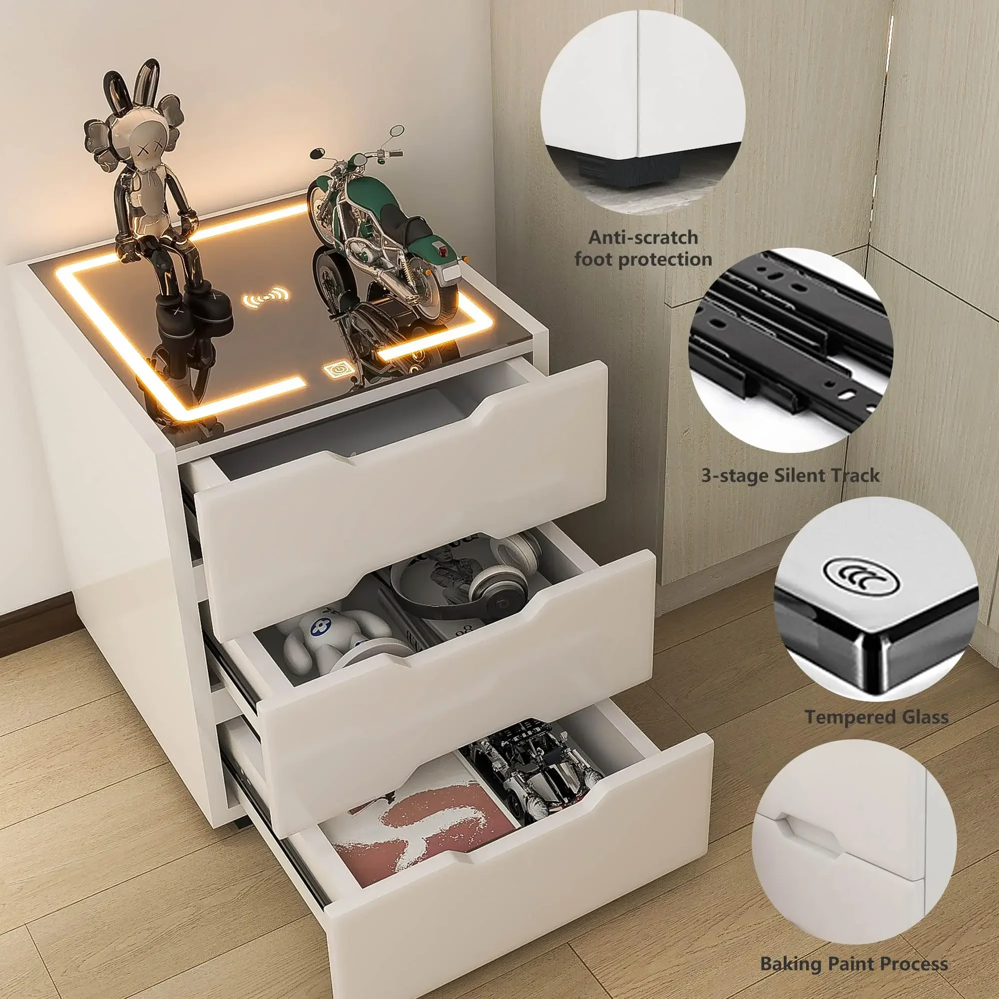 

# l forModern Bedroom Wireless Charging Station Smart Bedside Table 3-Drawer White Nightstand with Adjustable 3-Color Lights USB