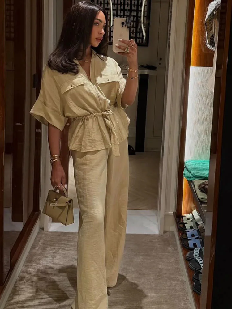 

HH Women Fashion Short Sleeve Zipper Pocket Drawstring Design Shirt Top+Elastic Waist Loose Casual Wide-leg Pant 2-Piece Set