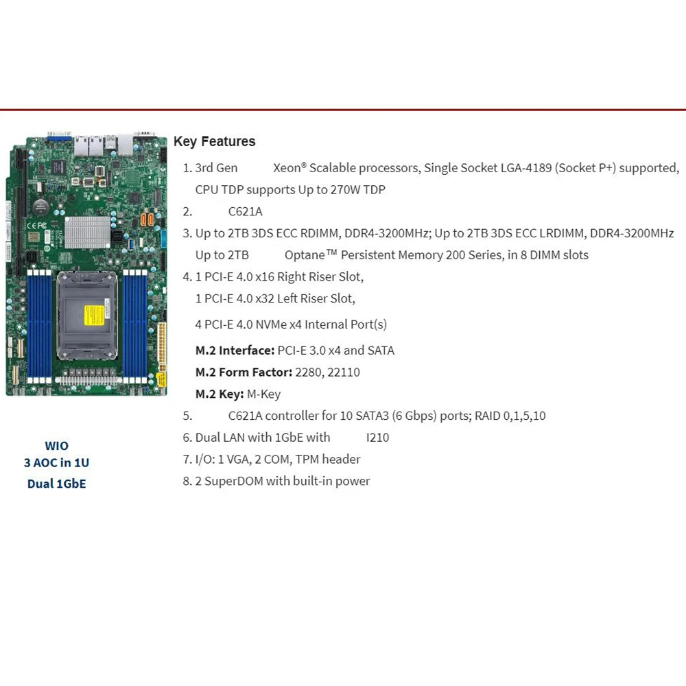 For Supermicro LGA-4189 C621A 2TB 3DS DDR4-3200MHz Proprietary WIO 10XSATA 3 Server Motherboard X12SPW-F