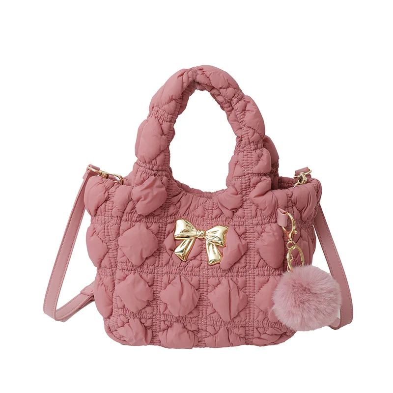 Cute Bow Quilted Padded Women Handbags Soft Puffer Small Tote Bag Casual Nylon Down Cotton Shoulder Crossbody Bags 2024 Trend