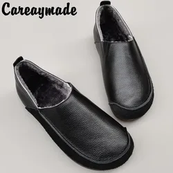 Careaymade-100% Genuine Leather Wool Oversized women's shoes Leisure Fltas Original Winter Plush Cotton men's Shoes size 35-45