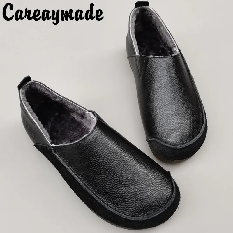 Careaymade-100% Genuine Leather Wool Oversized women's shoes Leisure Fltas Original Winter Plush Cotton men's Shoes size 35-45