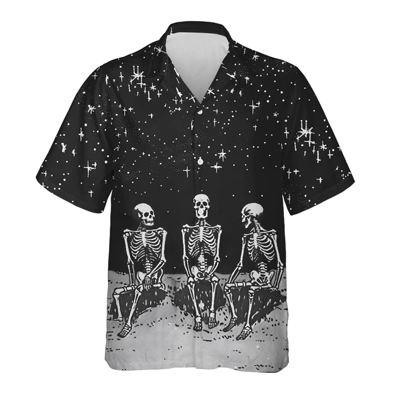 Halloween Skull Graphic Shirts For Men Clothes Horror Skeleton Lapel Blouse Festival Party Short Sleeve Funny Unisex Button Tops