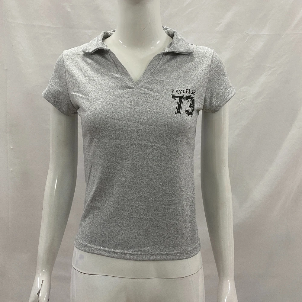 Slim Fit Short Top Korean Harajuku Style Digital Print Polo Collar Exposed Navel T-Shirt Y2K Trendy Streetwear for Youth
