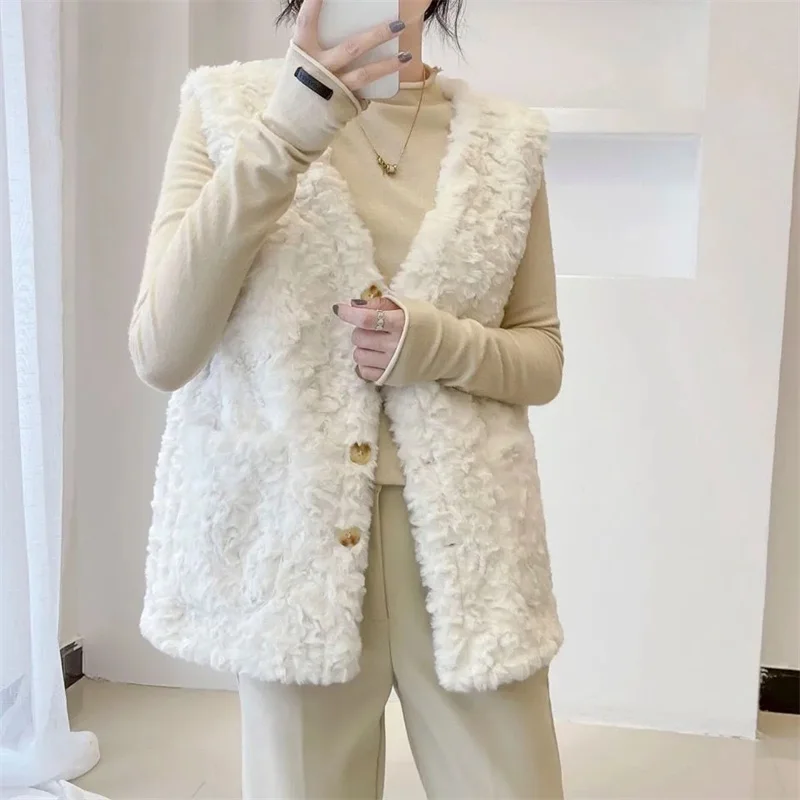 

2024 Lady Fashion Vest Outerwear Autumn Winter Female Imitation lamb Wool Waistcoat Coat Korean Women Rabbit 's Hair Sleeveless