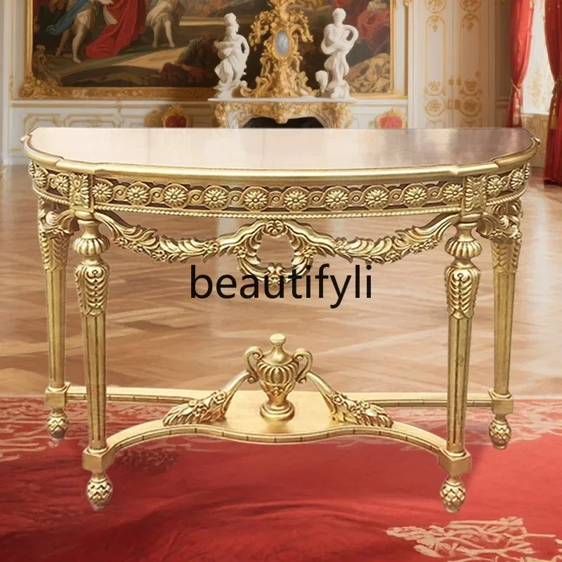 A80 French all-solid wood champagne gold retro carving, gold foil old craftsmanship luxury foyer entrance table