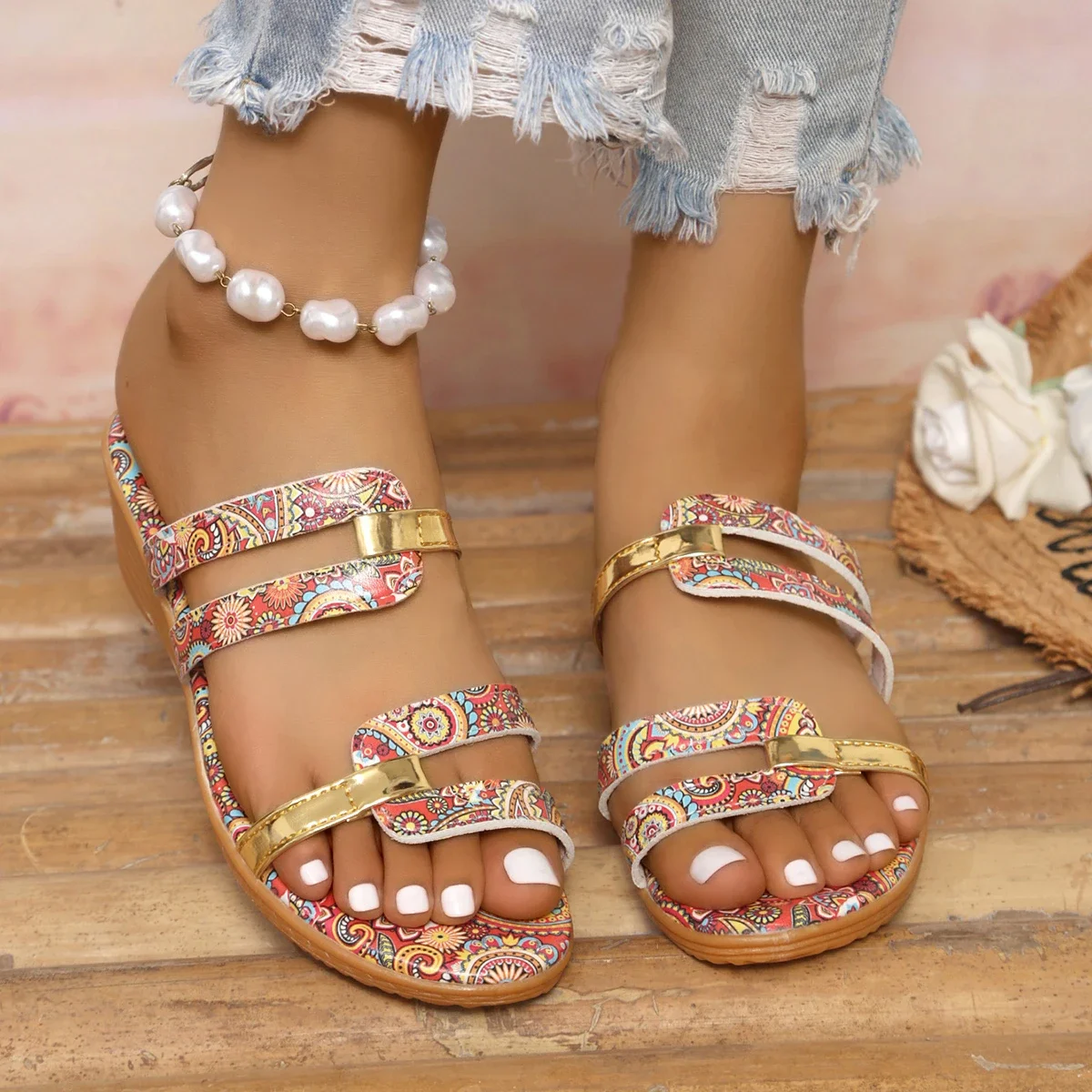 

Pop Women Wedges Slippers Summer Platform High Heels Shoes Round Toe Comfortable Slippers Outdoor Beach Luxury Sandals Slides Wo
