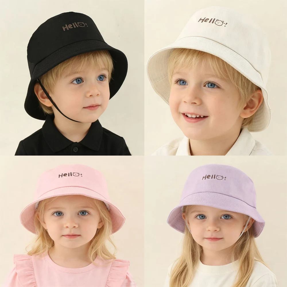 

Baby Summer Cute Sun Hat Kids Cartoon Bear Hello Letter Bucket Hat For Girls Soild Color Soft Cotton Cap Children Outddoor