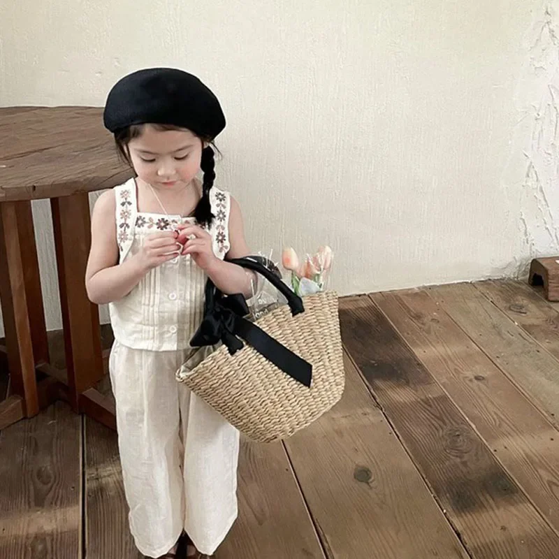 赤ちゃんと女の子のための刺繍入りコットンベストとワイドレッグパンツ,日本と韓国のスタイルの服,子供服,夏