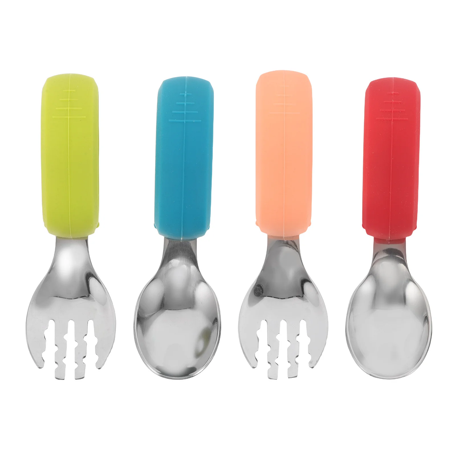 

2Sets Stainless Steel Kitchen Cutlery Silicone Handle Toddler Spoon Fork Ergonomic Feeding Utensils Lightweight Picnic Tableware