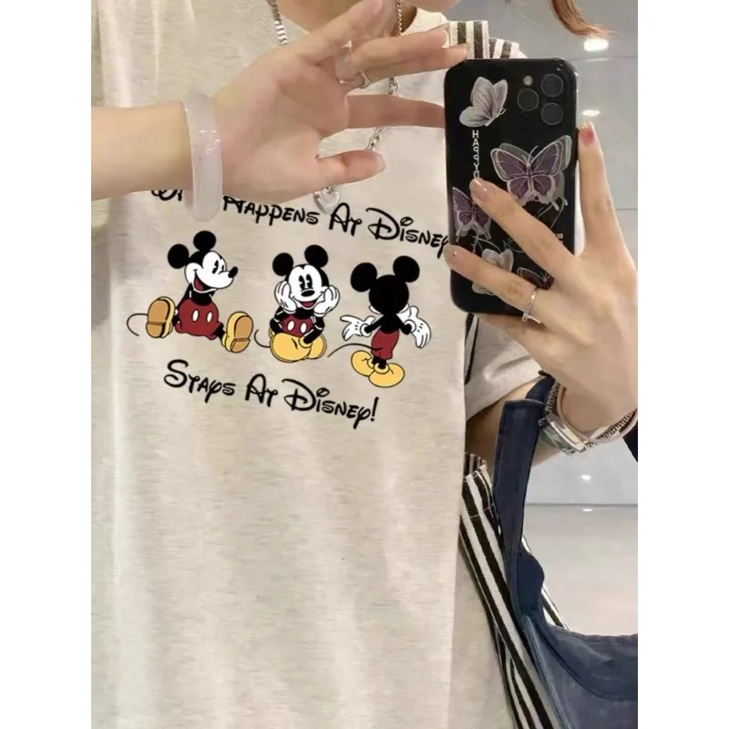تي شيرت ديزني كارتوني لطيف محيطي مطبوع عليه ميكي بأكمام قصيرة للنساء والرجال للأزواج صيفي فضفاض متعدد الاستخدامات