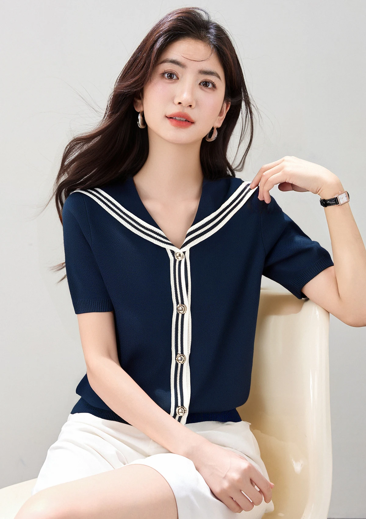 

Высококачественная женская рубашка, милая футболка в стиле Харадзюку с матросским воротником, темно-синий топ с цветными полосками, корейский стиль, новая повседневная мода