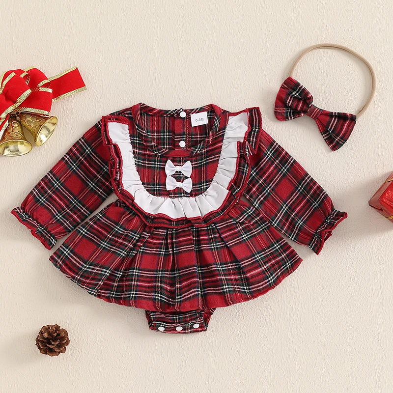 

Baby Girls Christmas Outfit Long Sleeve Plaid Patchwork Romper Dress with Headband Clothing Set