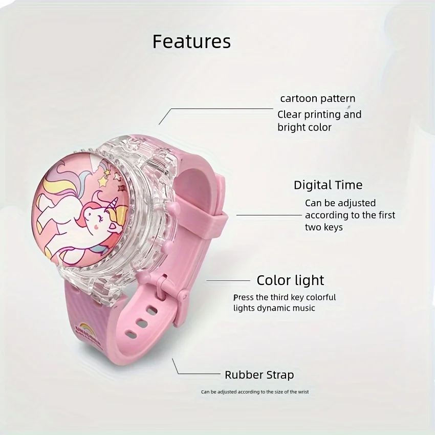 Fashion Flip Rotating Luminous Music Electronic Watch, Fashion Cartoon Cute Unicorn Watch, School Supplies Party Gift