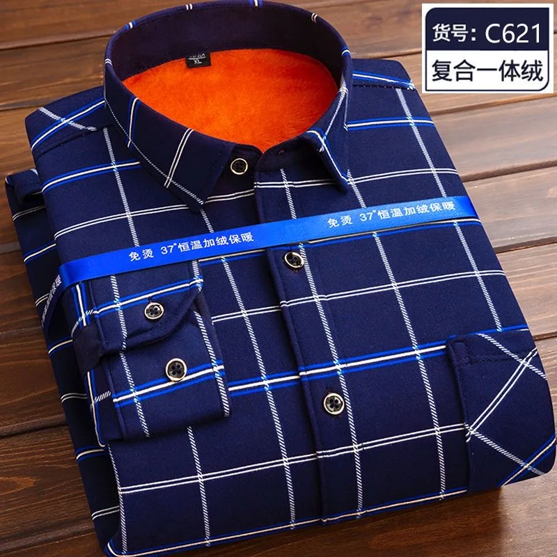 2023 Autumn and Winter New Men\'s Casual Slim Long-Sleeved Shirt Men\'s Cashmere Thickened Warm High-Quality Plaid Shirt M-5XL