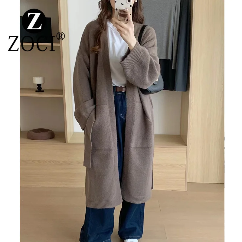 [ZOCI]2024 Autumn/winter Cross Knee Knitted Cardigan Women's Korean Edition Loose Large Medium Long Luxury Sweater Jacket Trendy