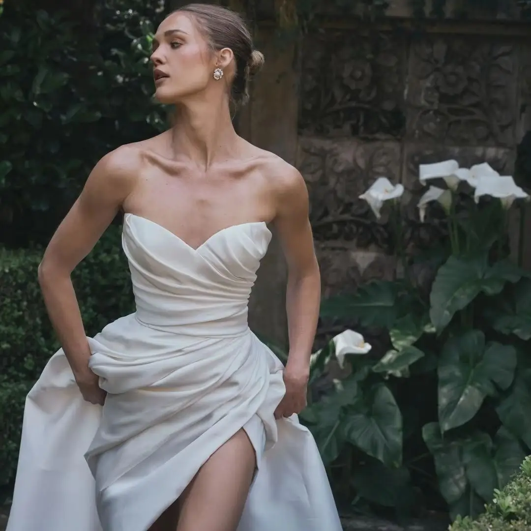 Sheer Fairy Wedding Dresses Elegant A-Line Sweetheart Satin Ruched Backless Dubai Luxury Bridal Gown with Slit SW578 Customized