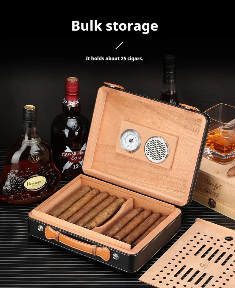صندوق سيجار، صندوق سيجار محمول للحفاظ على رطوبة السيجار، صندوق سيجار من خشب الأرز، صندوق قابل للقفل بسعة كبيرة للسفر، صندوق من جلد السيجار #5