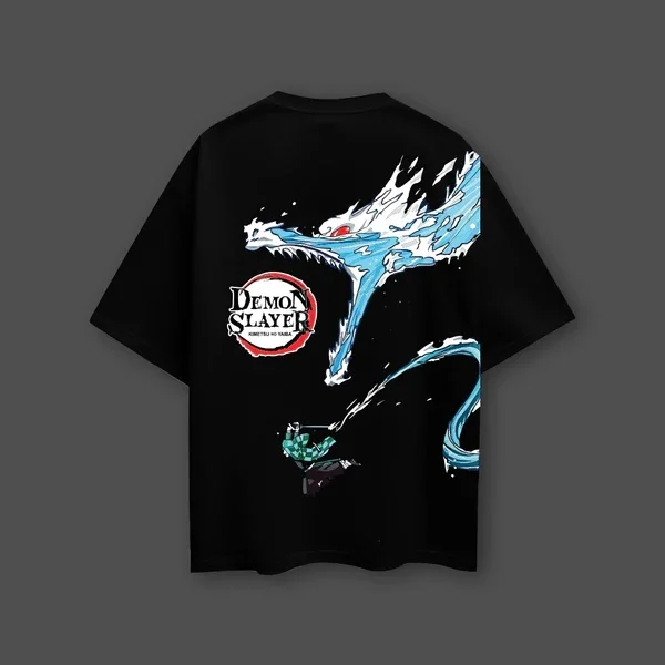 악마 슬레이어 애니메이션 워터 드래곤 오버사이즈 블랙 티셔츠 남녀 공용 통기성 높은 품질 Y2K 반팔 여름 티셔츠