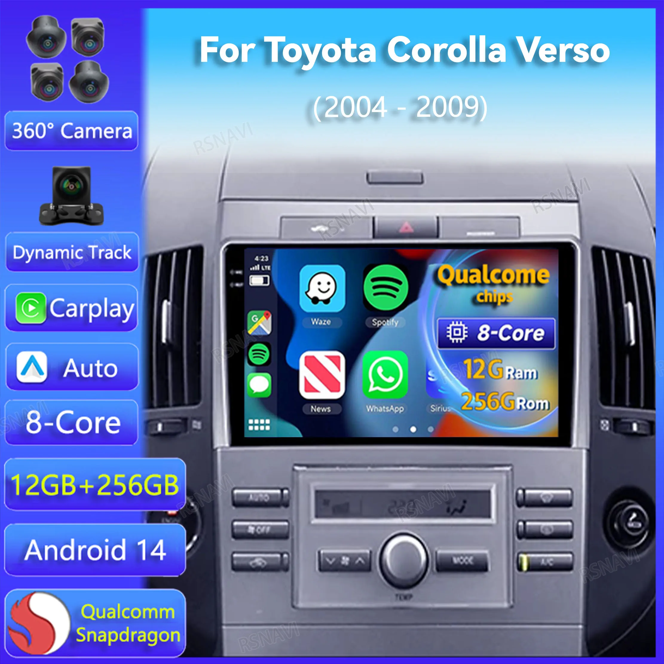 

Android 14 Carplay Auto для Toyota Corolla Verso AR10 2004-2009 Автомобильный радиоприемник 360 Камера GPS-навигация DSP Видеоплеер Стерео BT