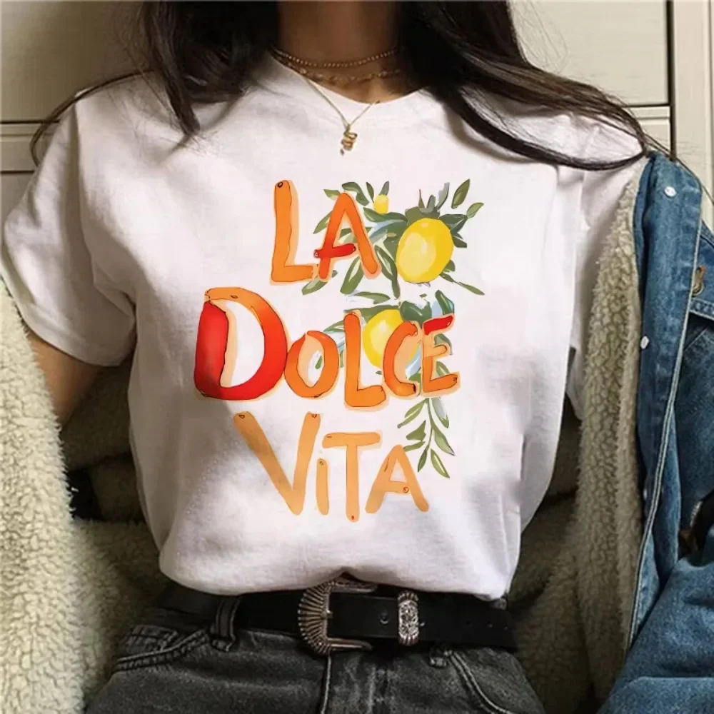 La Dolce Vita Lemon Print Short-sleeved T-shirt Men Women's Clothing Harajuku Graphic T-shirt Women's Clothing Top Personality