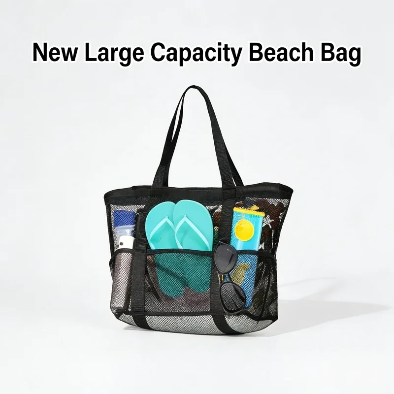 Multi-Pocket Mesh Beach Tote Bag, Water-Draining And Sand-Proof, Large Capacity, Suitable For Yoga, Fitness,  And Shopping