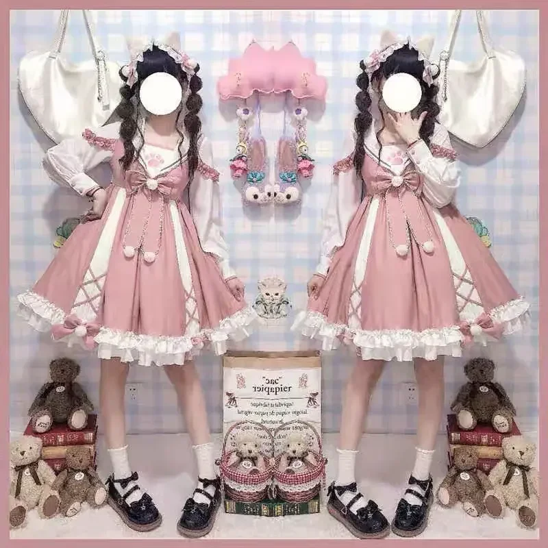 M-4XL sweet girly pink bow lolita dress loose long sleeve kawaii Tea Party Princess cos op Fairy Kei