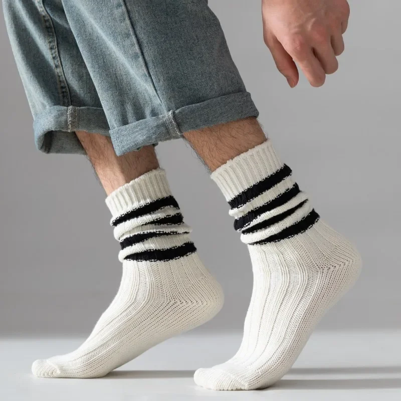 Men\'s Medium Tube Socks Vintage City Boy Thick Thread Knit Cotton Designer Solid Socks Casual Sports Socks Cycling Hiking