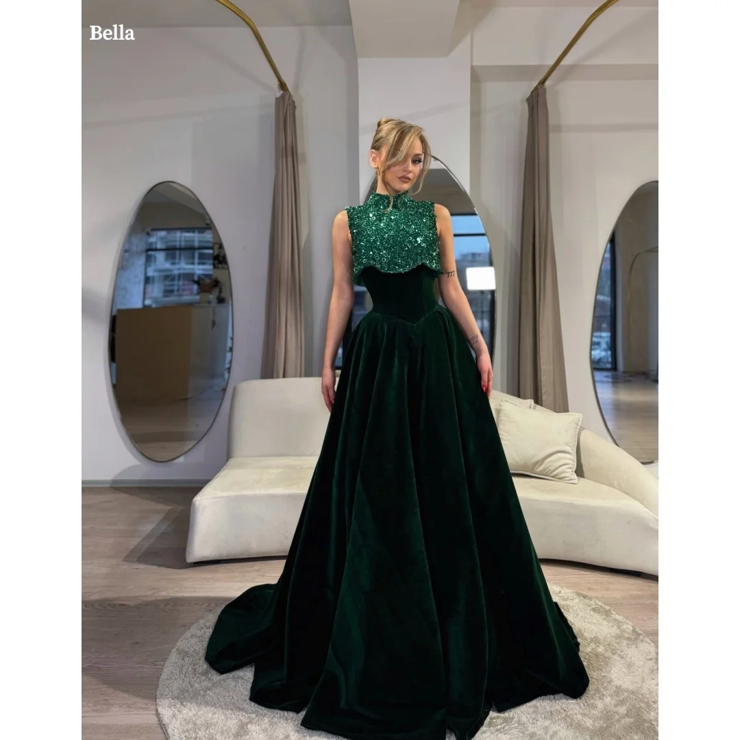 

Bella Customized Dark Green High Neck Sleeveless Sequin Prom Dress Velvet Skirt Elegant Party Dresses Formal robes de soirée