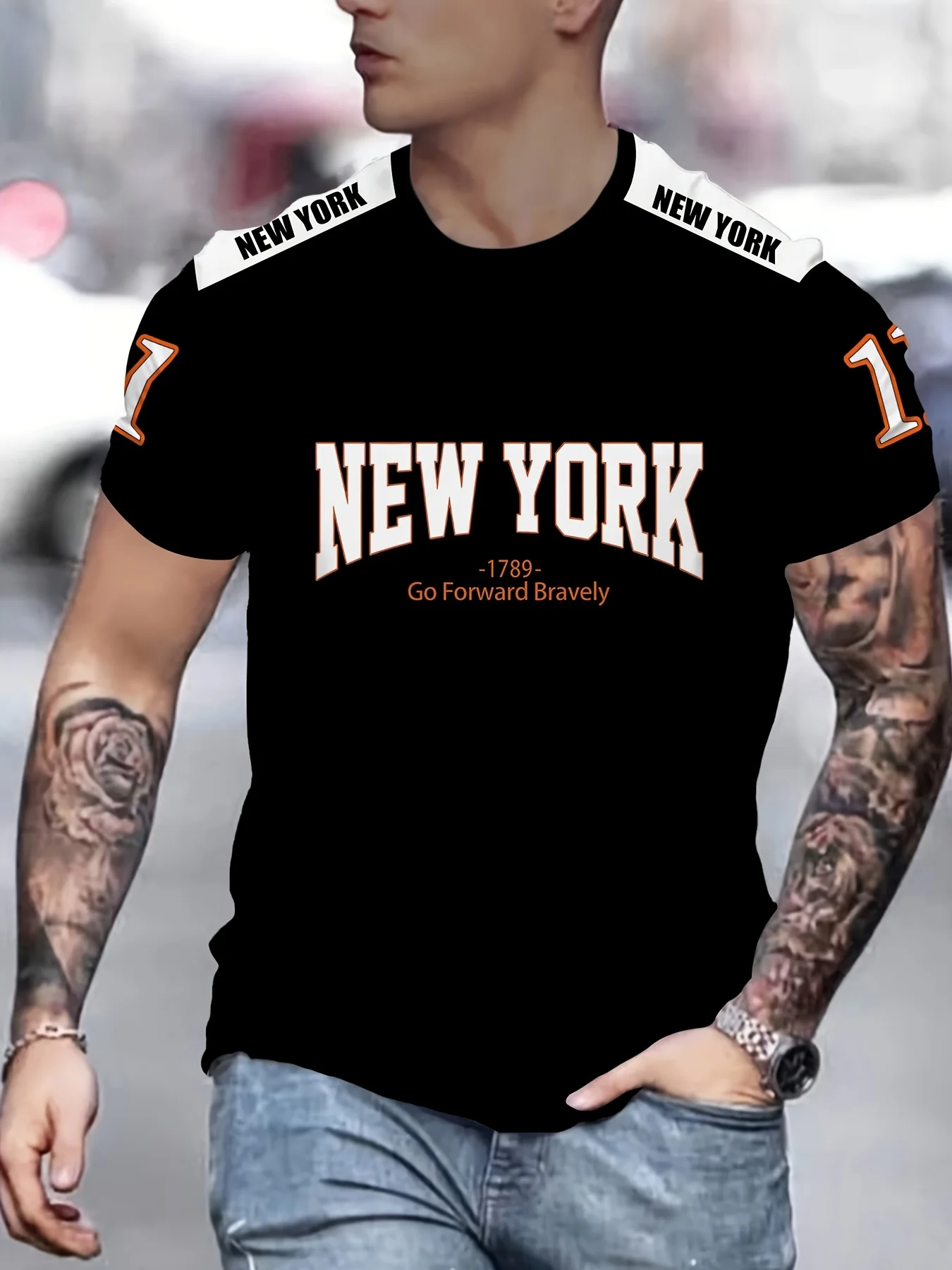 Men'S Casual Crew Neck T-Shirt,100% Polyester Knit Fabric,3D Print New York Graphic Tee,Slight Stretch,Regular image 3