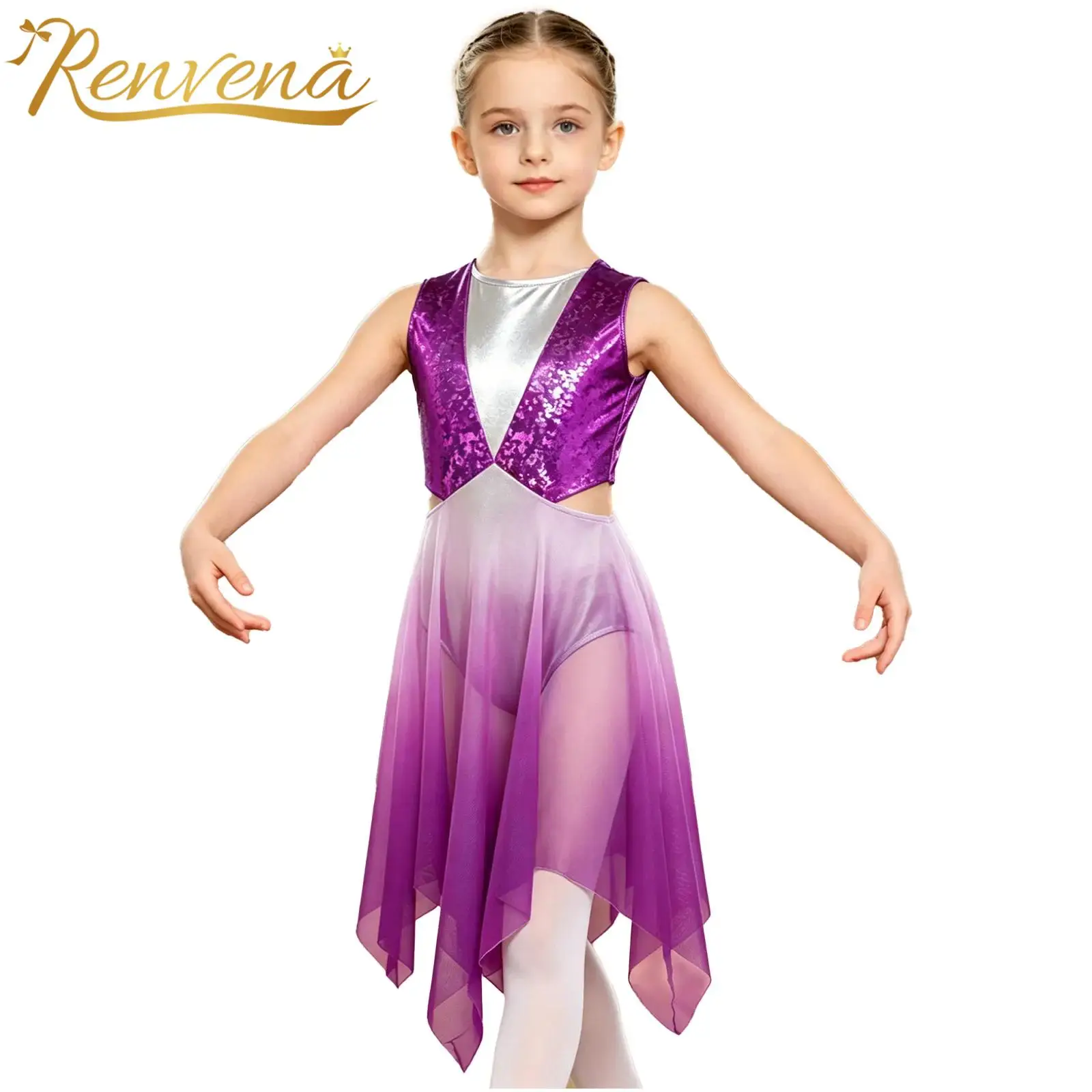 Kids Girls Lyrical Liturgical Dance Costume Children Sleeveless Worship Dresses Metallic Gradient Celebration of Spirit Dress