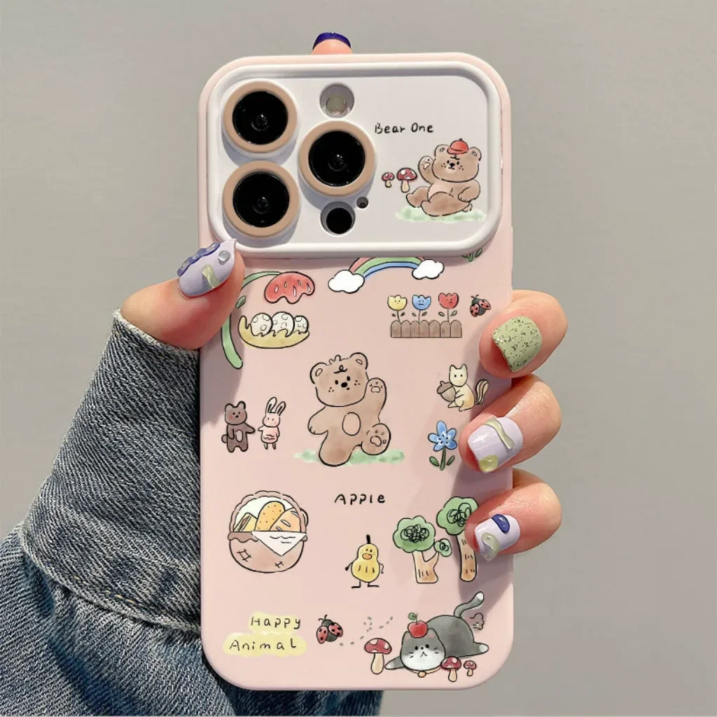 Spring Forest Party Cute Bear Phone Case For iPhone Case 16 15 14 13 12 11 Pro XR XS Max 7 8 Plus Soft Phone Y2K Girl Pink Cover