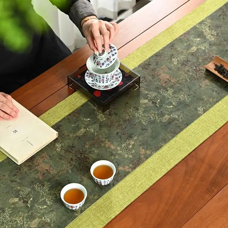 Silk Long Jacquard Tea Table Runner, Light Luxury Chinese-style Table Runner, Double-sided Heat-insulating