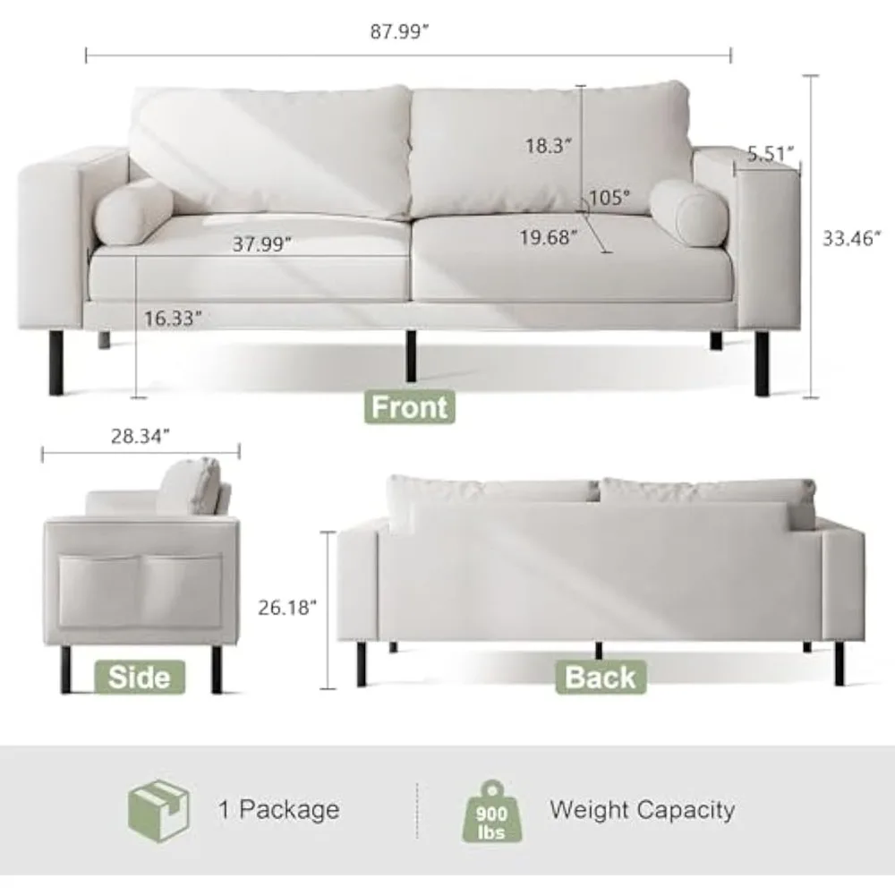 Canapé double avec 4 poches de rangement latérales et 2 oreillers, cadre en métal robuste, canapé de salon moderne et médiéval, 88 po