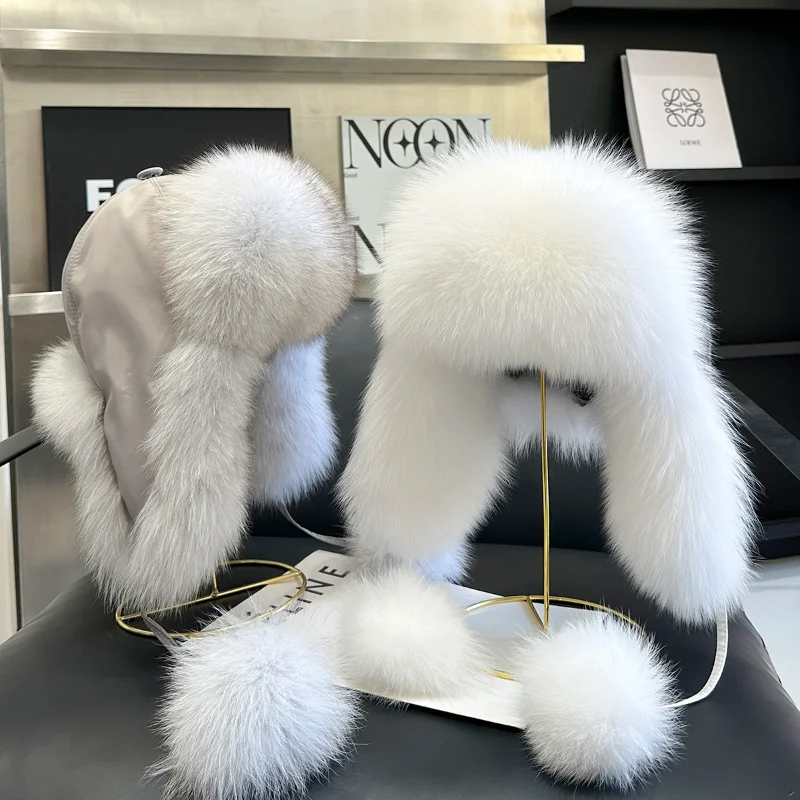 QIXHFUR Real Fox Fur Cap Russian Hat Outdoor Women Keep Warm Winter Fur Hat Promotion