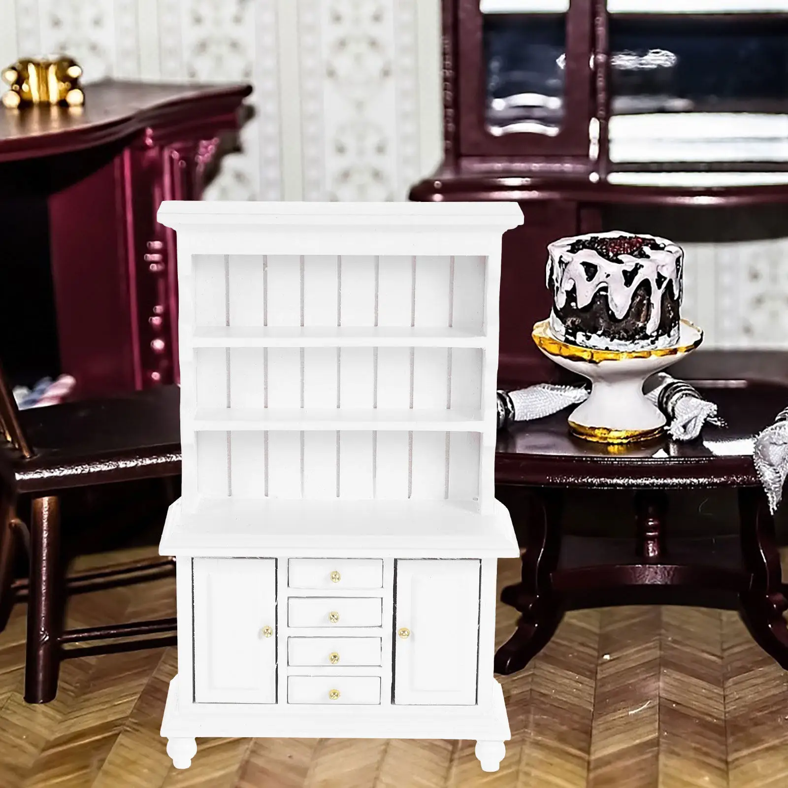 

1:12 Miniature Bookshelf Cabinet Design Elegant Mini Display Shelf for Dollhouse Room Miniature Furniture Accessories
