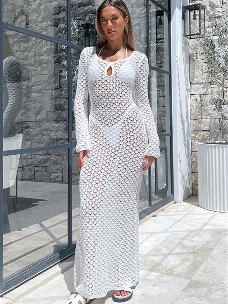 Knitted Hollow Sunscreen Dress Women's Summer Sexy Slim See-Through High-Waisted Solid Color Seaside Vacation Beach Dress