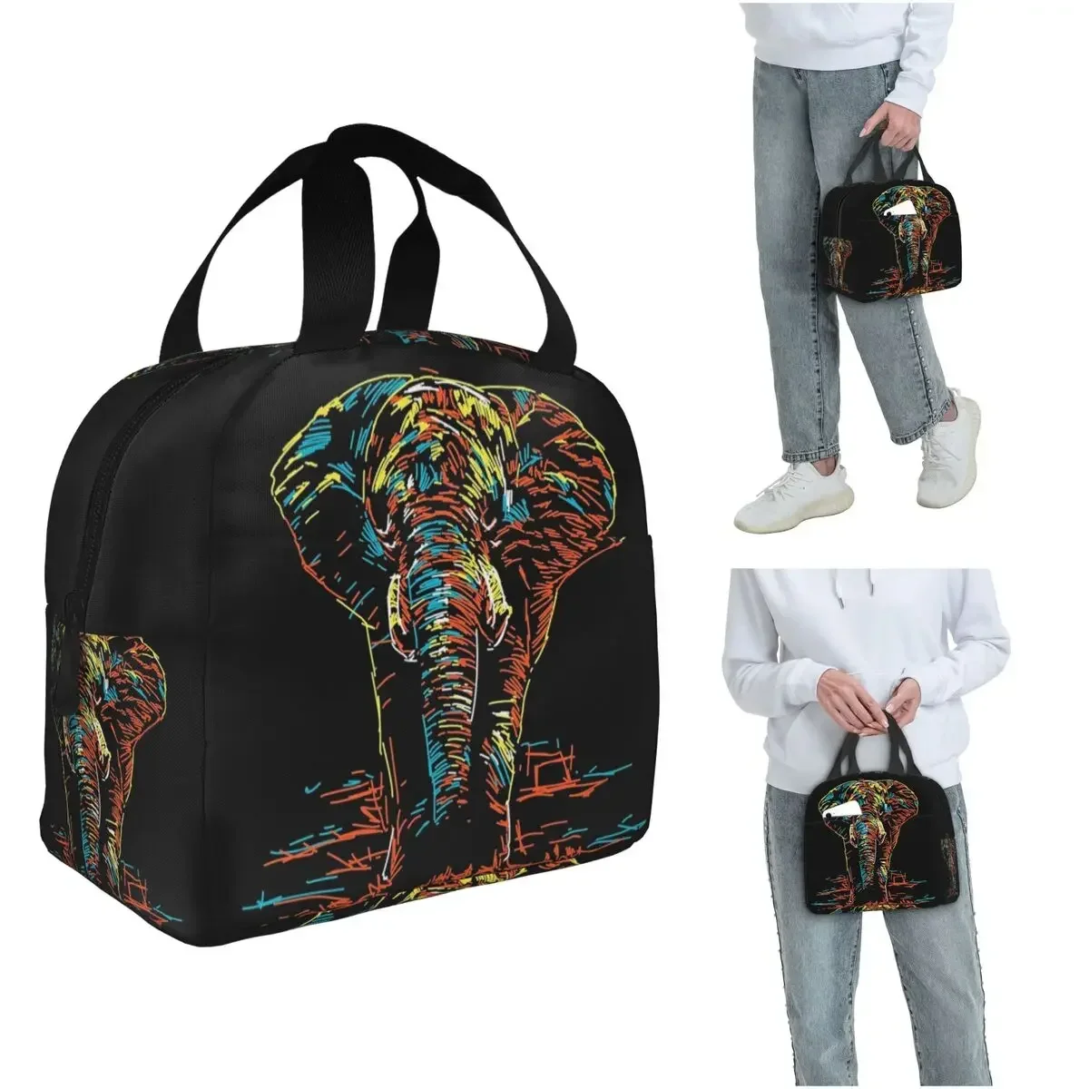 Colourful Abstract Elephant Neon Illustration Insulated Lunch Bag for Women Kids Portable Food Boxes Thermal Lunch Box Tote