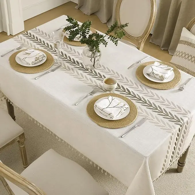Cotton Linen Rectangle Table Cover Embroidered Floral Pattern Tablecloth for Dining Tea Table Tabletop Decoration Dust Proof