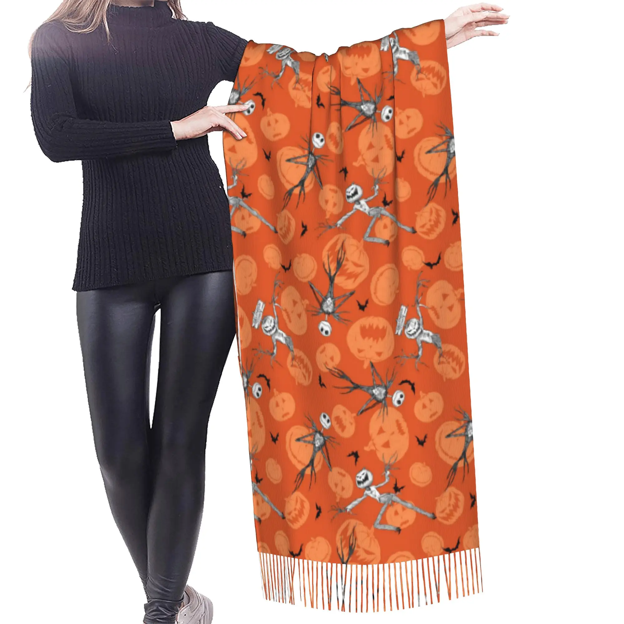 Custom Skellingtones Skull Halloween Tassel Scarf Women Soft Anime Shawl Wrap Lady Winter Scarves