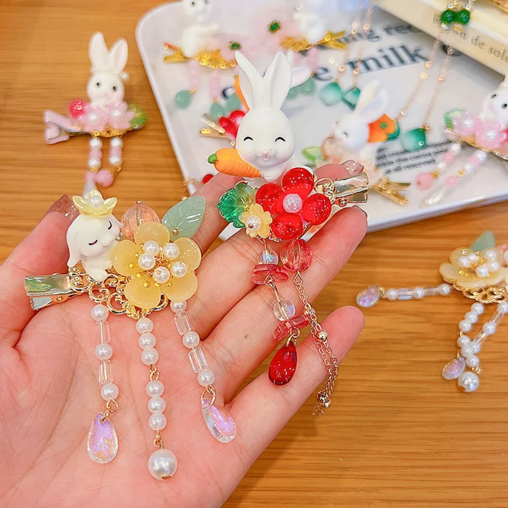 1 Pair Cute White Rabbit Hair Clips Pearls Tassel Hairpin Children Hanfu Ancient Style Hair Accessories Girls New Year Gifts