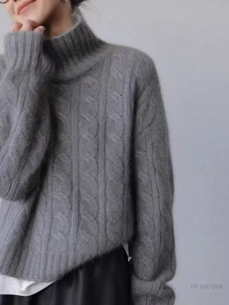 2026 winter new 100% pure cashmere sweater women's turtleneck twisted flower loose thickened sweater outerwear undershirt