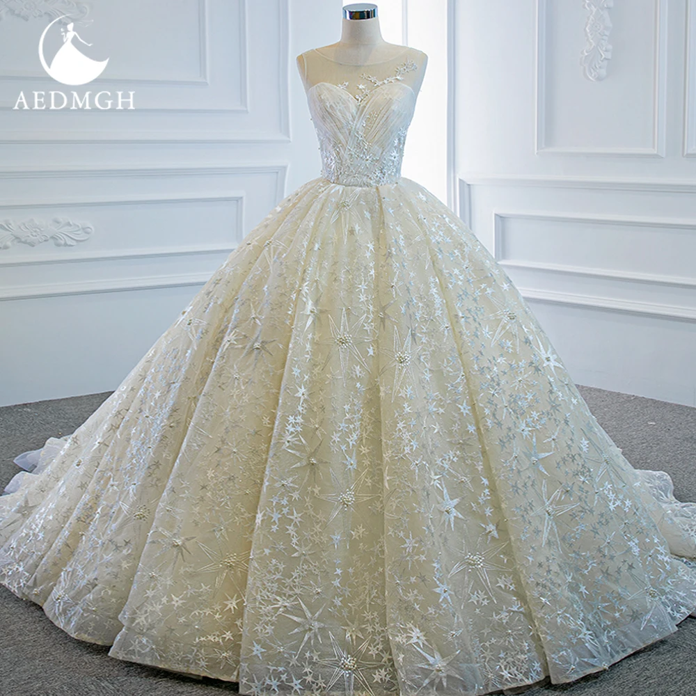 Aedmgh Ball Gown Abiti da sposa vintage O-Collo senza maniche Vestido De Novia Pizzo lucido Corte dei treni Abito da sposa su misura